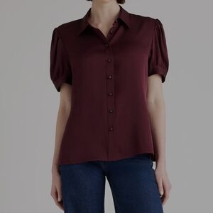 Quince Washable Silk Puff Sleeve Blouse Wine Tasting Red